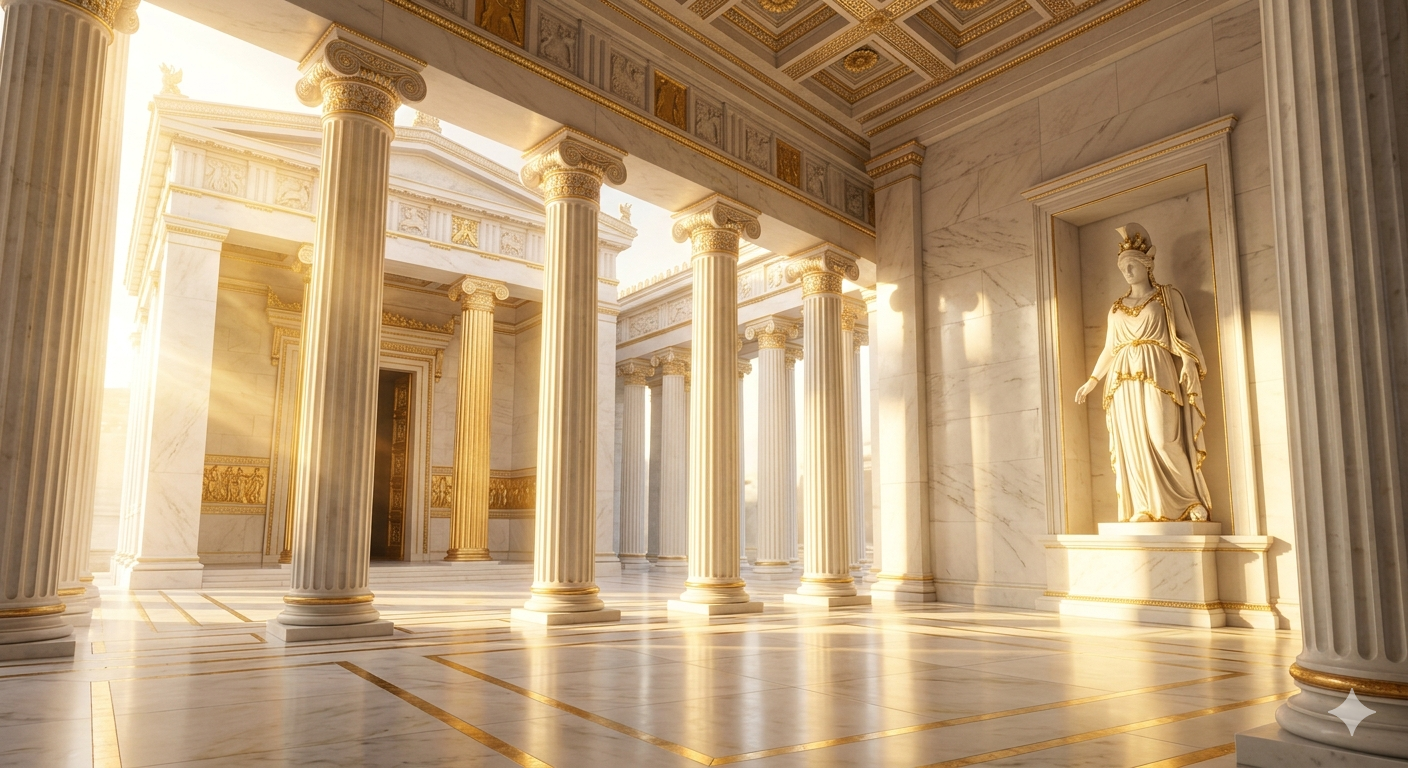 Greek temple with golden columns and Athena statue
